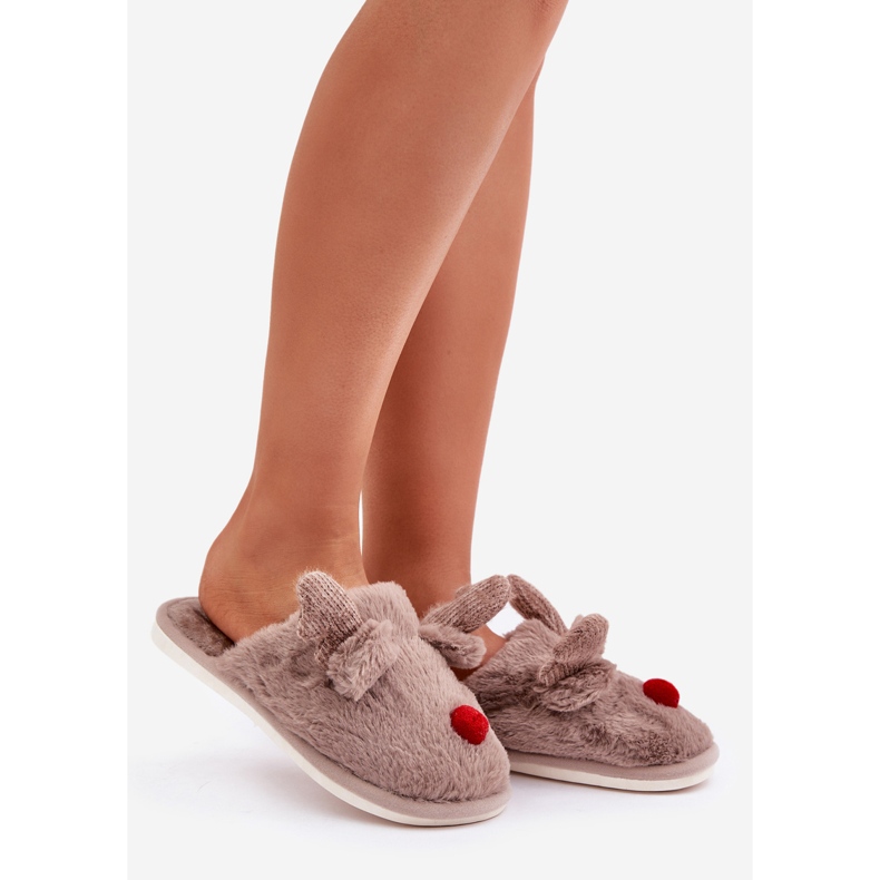 Chinelos femininos de pele com padrão de rena, bege escuro 1