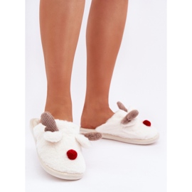 Chinelos femininos de pele com motivo de rena, brancos 2