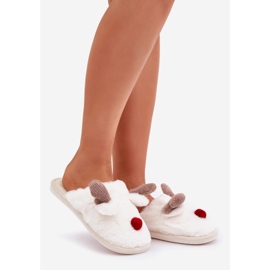 Chinelos femininos de pele com motivo de rena, brancos 1