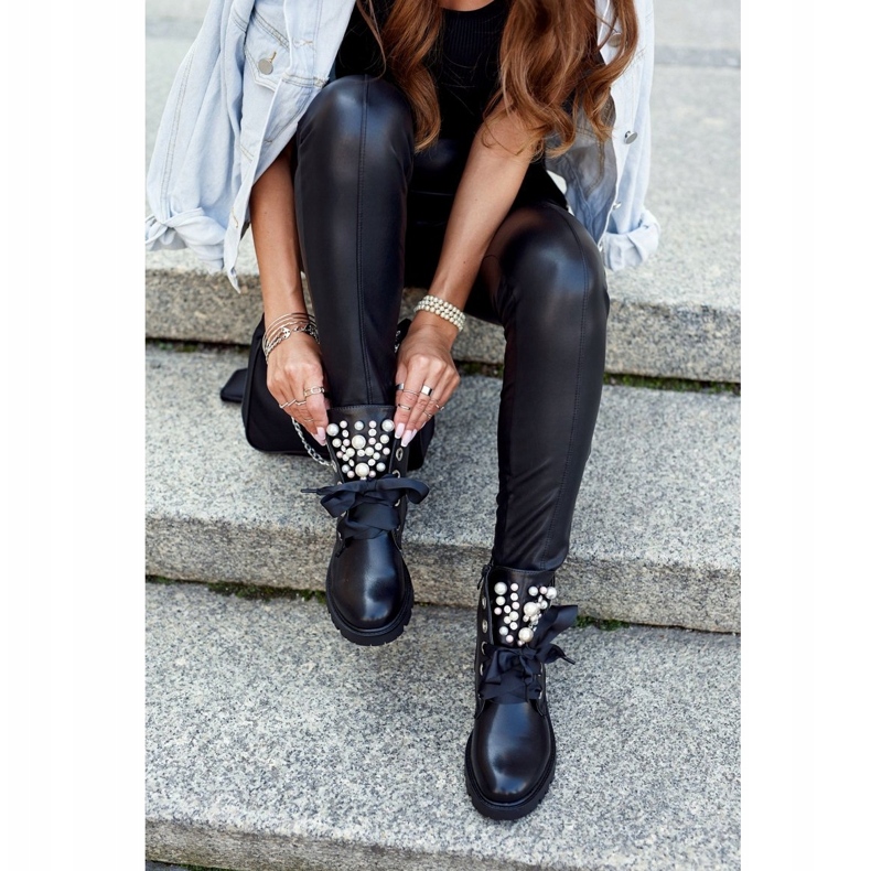 Ideal Botas quentes femininas com pérolas e fita preto 3