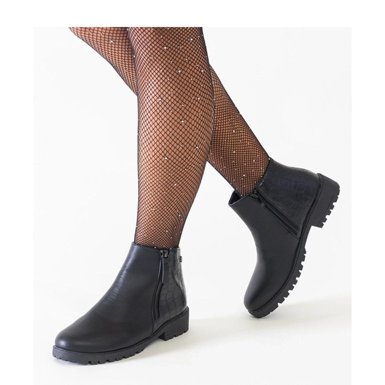 Botins pretos com motivo em couro de crocodilo, couro ecológico Mifsada - Solea 1 Botins pretos com motivo em couro de crocodilo, couro ecológico Mifsada - Solea 1