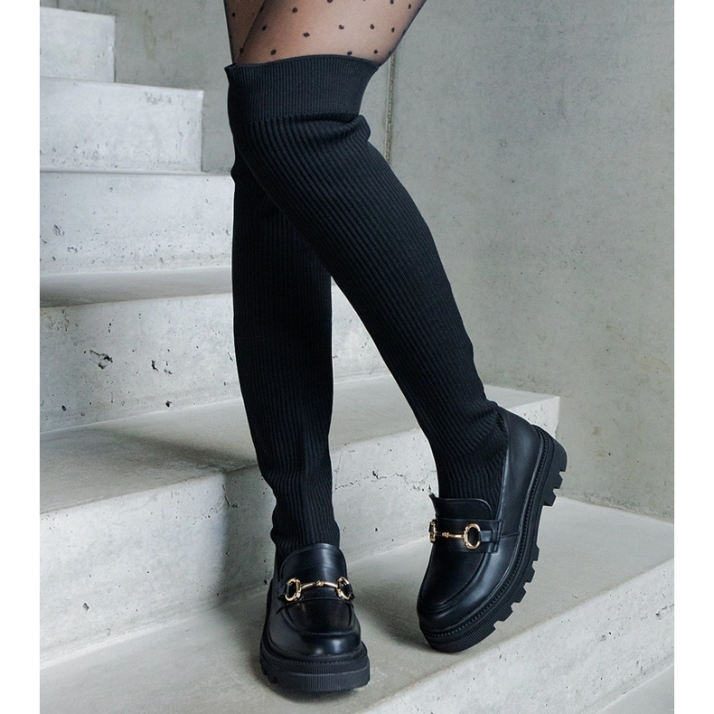 Botas pretas com cano flexível e salto plano preto 1