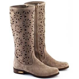 Olivier Botas femininas perfuradas com flores, bege escuro 2 Olivier Botas femininas perfuradas com flores, bege escuro 2