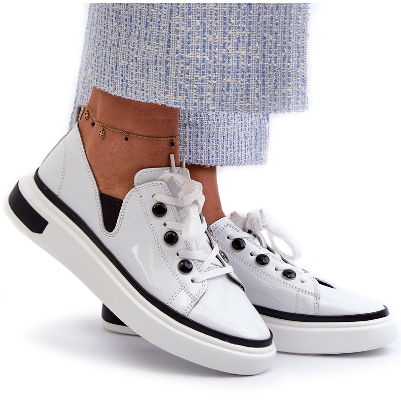 S.Barski Sapatos esportivos femininos lacados em couro LR535 Branco 4