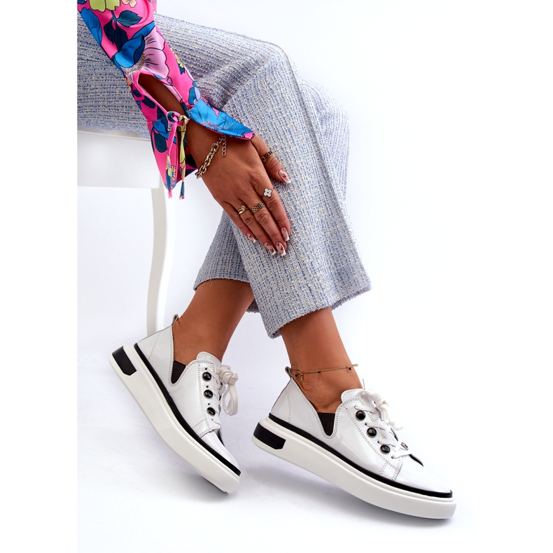 S.Barski Sapatos esportivos femininos lacados em couro LR535 Branco 3