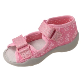 Chinelos infantis Befado com velcro, forro em couro 342P066, rosa 1