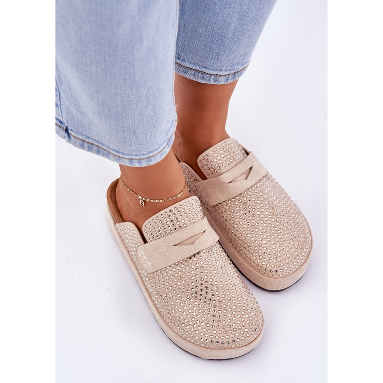 Flipers femininos decorados com zircões na plataforma bege 2