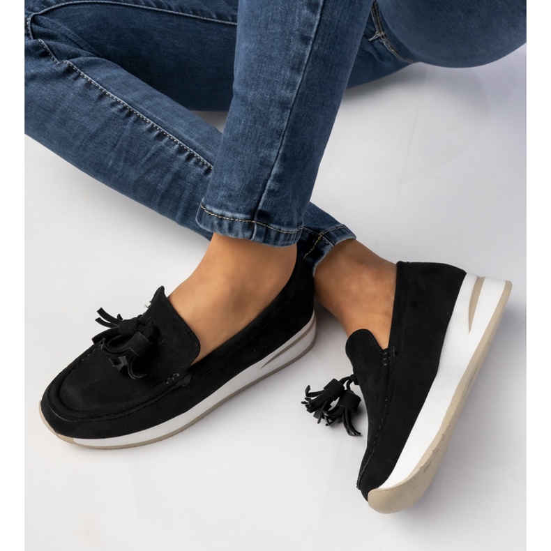 Mocassins negros femininos com franjas preto 1