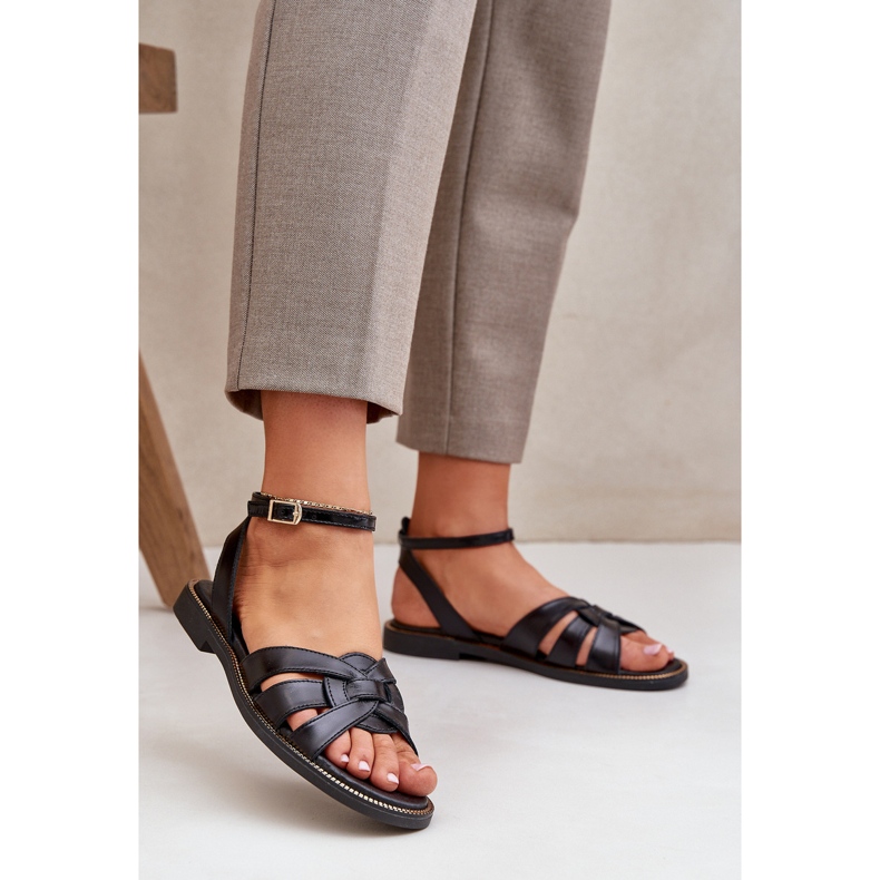 Sandálias de couro feminino com saltos planos zazoo 3688 preto 2