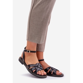 Sandálias de couro feminino com saltos planos zazoo 3688 preto 1