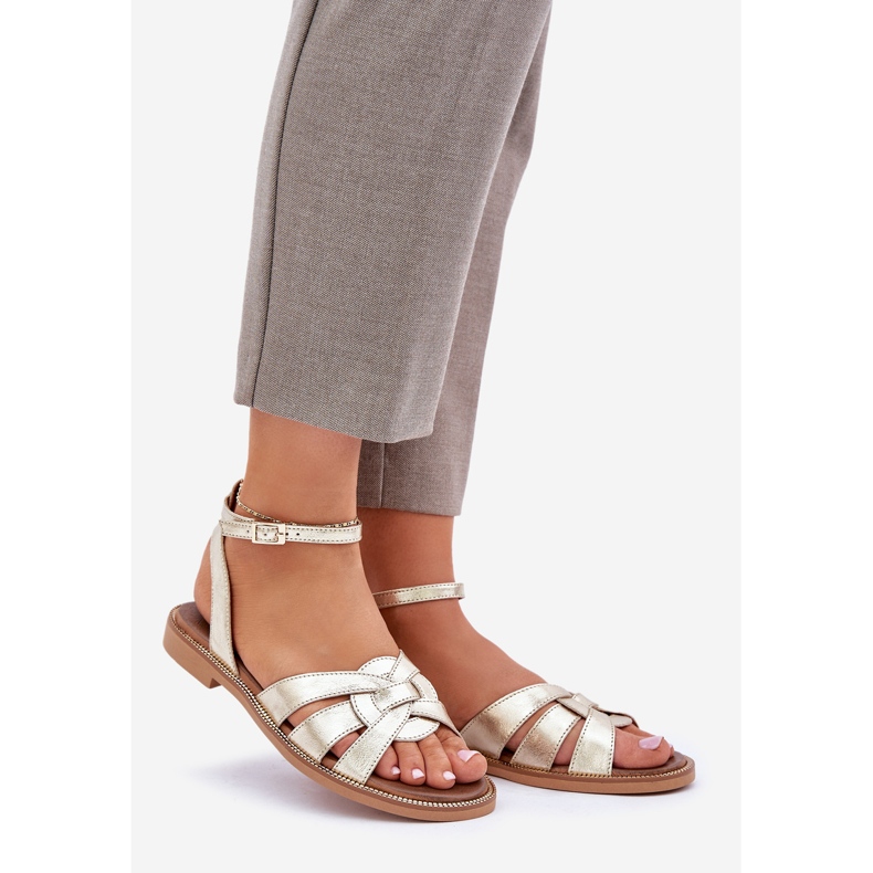 Sandálias de couro feminino com saltos planos Zazoo 3688 Zlotys dourado 1