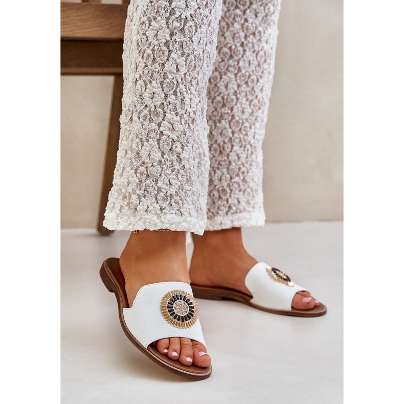 Lewski Shoes Chinelos de couro com decoração de Lewski 3047/O de peças planas branco 1