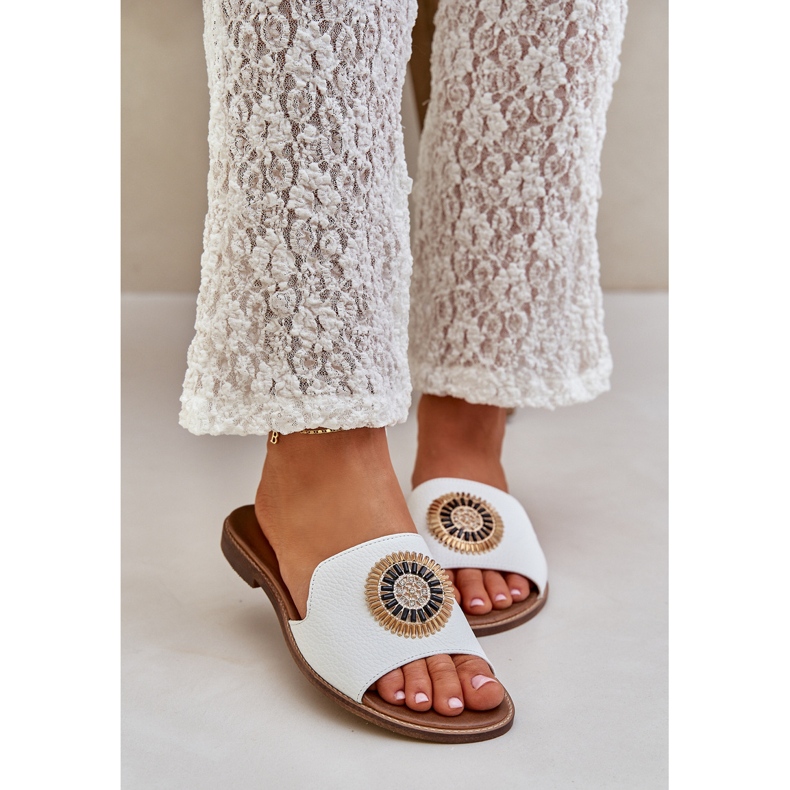 Lewski Shoes Chinelos de couro com decoração de Lewski 3047/O de peças planas branco 2