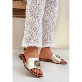 Lewski Shoes Chinelos de couro com Lewski Złote de penteado plano dourado 2