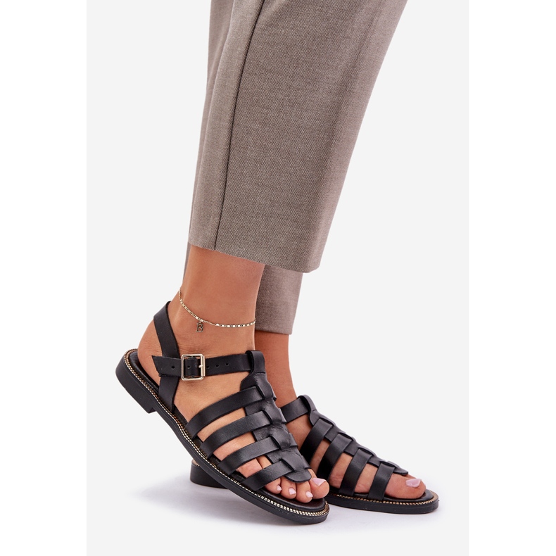 Sandálias de couro com saltos planos zazoo 3686 preto 1