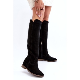 Zazoo 3407 Camurça feminina Knee Knee Boots com saltos planos preto 3