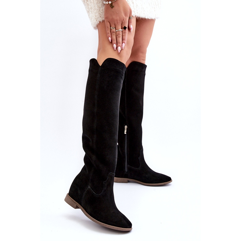Zazoo 3407 Camurça feminina Knee Knee Boots com saltos planos preto 3