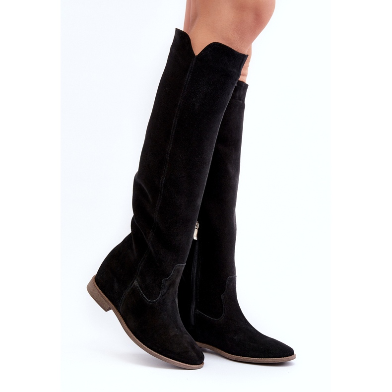 Zazoo 3407 Camurça feminina Knee Knee Boots com saltos planos preto 1