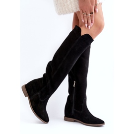 Zazoo 3407 Camurça feminina Knee Knee Boots com saltos planos preto 2