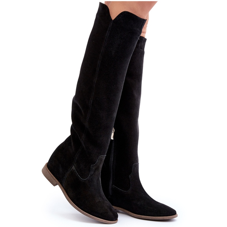 Zazoo 3407 Camurça feminina Knee Knee Boots com saltos planos preto 6