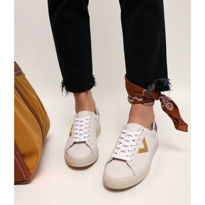 Inserções de ouro de tênis de glitter feminino branco 2