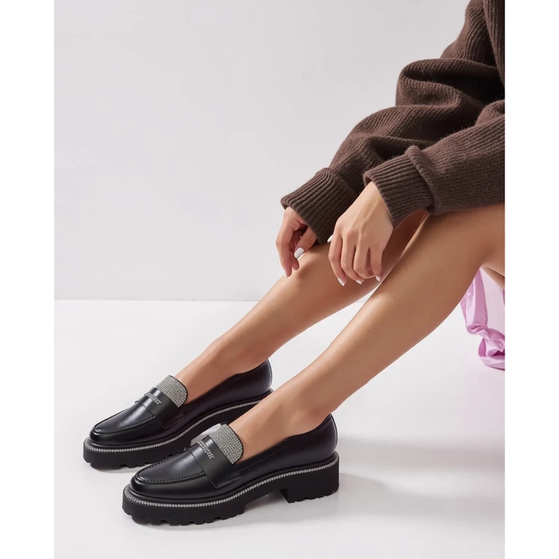 Mocassins negros diamantes femininos preto 2