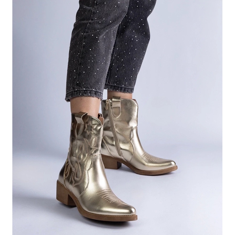 D/CEO Botas cowboy femininas douradas com salto alto metalizadas Madeira dourado 2