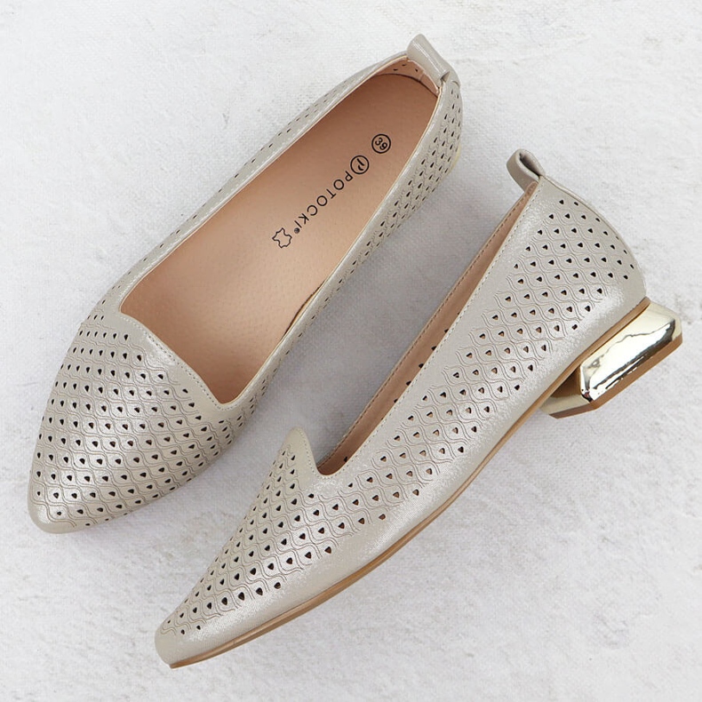 Sapatos femininos em um calcanhar decorativo Openwork bege potocki sz12574 2