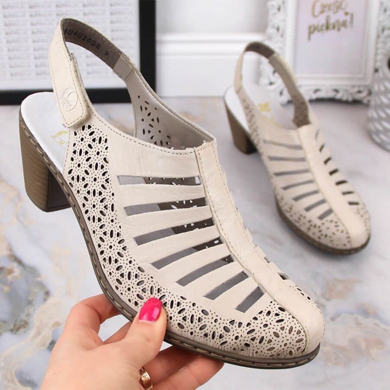 Sandálias de salto alto em couro Rieker W RKR49B, bege 2