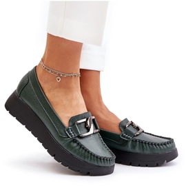 Mocassins de couro Zazoo 10141 em plataforma com decoração, verde escuro 4