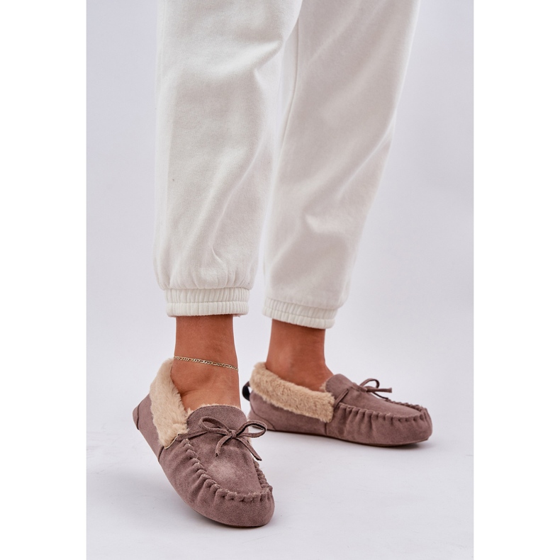 Moccasins Flippers femininos com pêlo escuro bege kleogoria 2 Moccasins Flippers femininos com pêlo escuro bege kleogoria 2