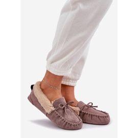 Moccasins Flippers femininos com pêlo escuro bege kleogoria 1 Moccasins Flippers femininos com pêlo escuro bege kleogoria 1