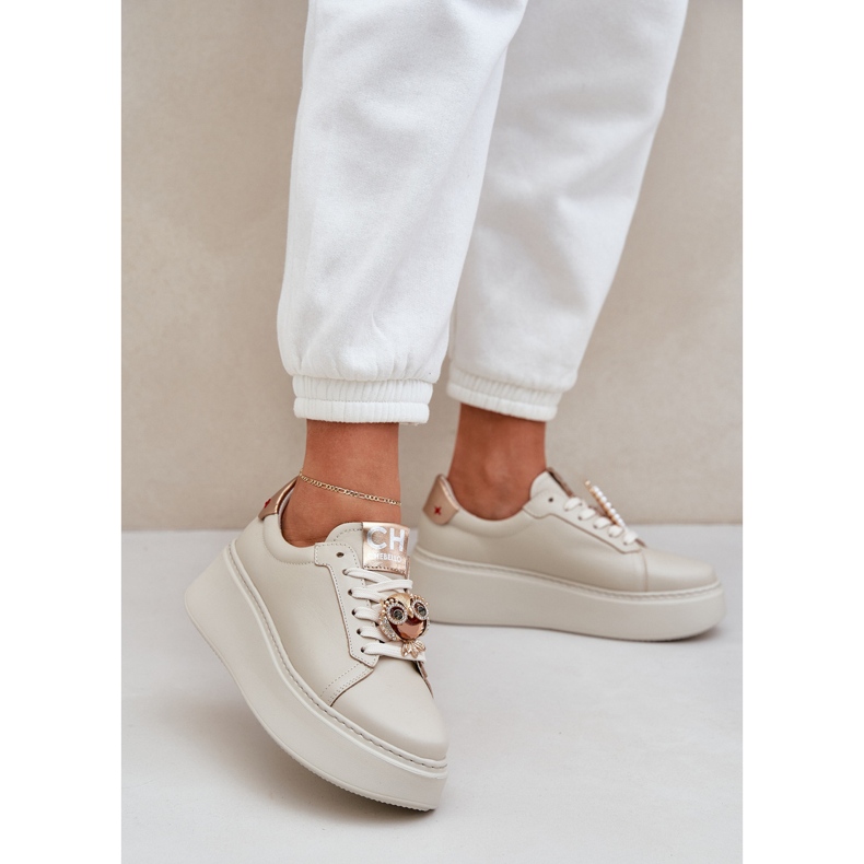 Tênis de couro feminino Chebello 4411 bege 2