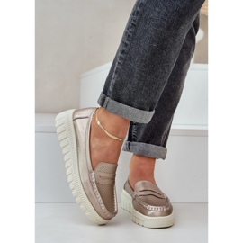 Mocas de couro Open Women Open na plataforma e cunhas de champanhe dourado 2