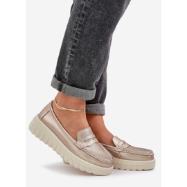 Mocas de couro Open Women Open na plataforma e cunhas de champanhe dourado 1