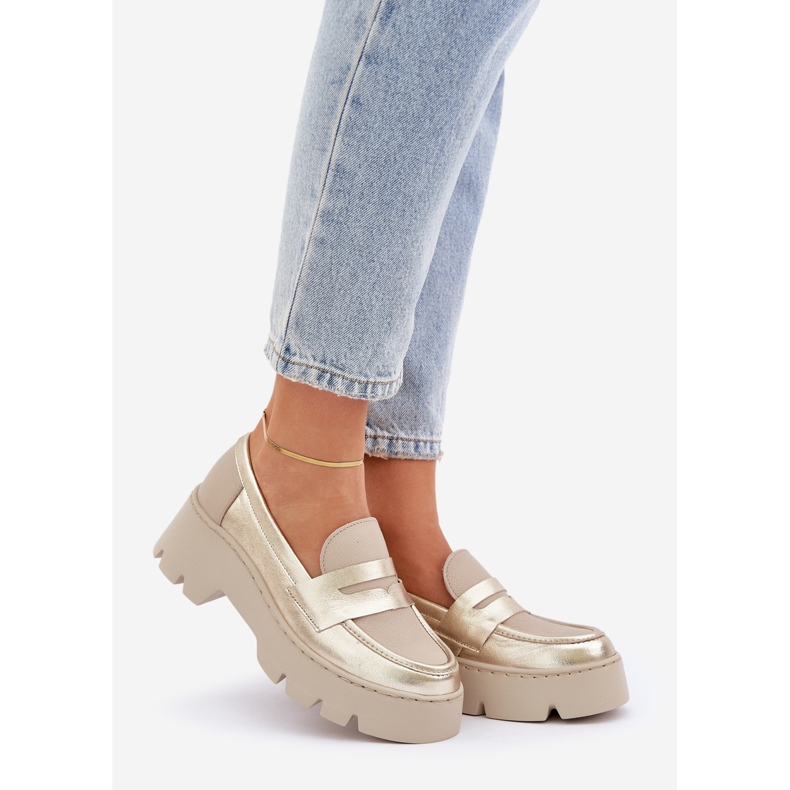 Zazoo Mocassins de couro femininos de grama plana Golden dourado 1