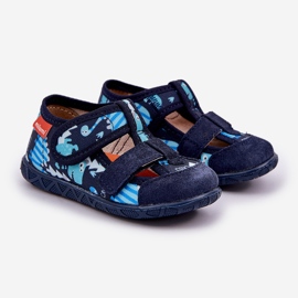 Chinelos infantis para velcro com dinossauros azuis da marinha azul 1