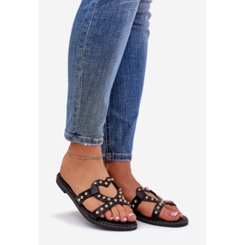 Chinelos pretos femininos planos decorados 1