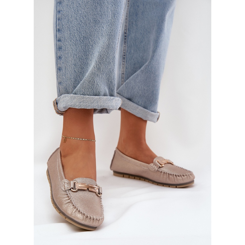 S.Barski Mocas planos brilhantes feitos de couro natural D&amp;A LR51-546 ZLOTY dourado 2