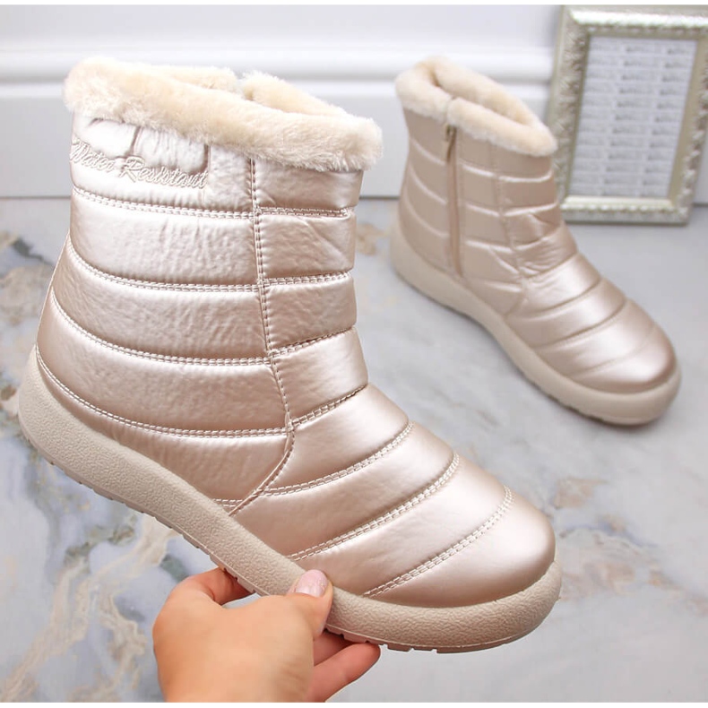 Botas femininas impermeáveis ​​para neve envernizadas, bege News 1467 2