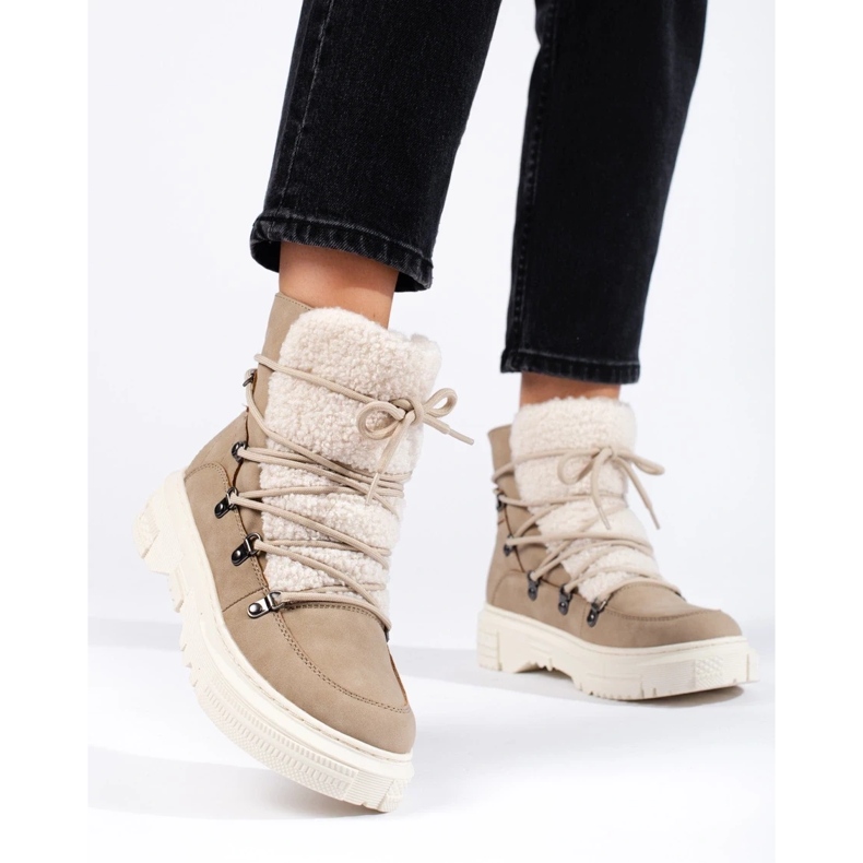 Botas de neve femininas bege com pele de carneiro 2