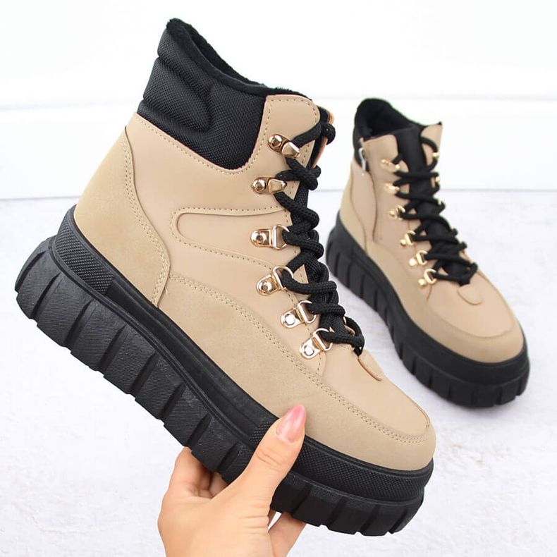 Botas femininas bege com plataforma grossa News 7928 1