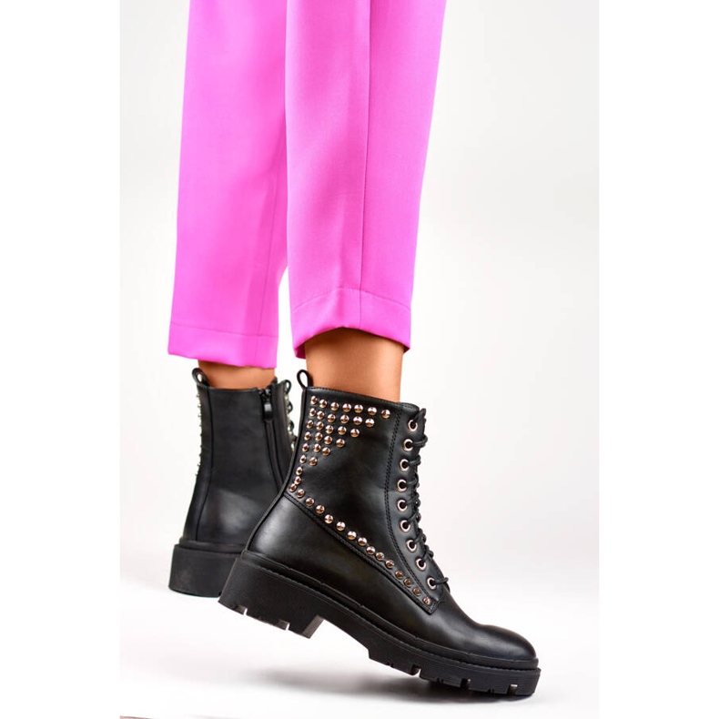 Botas femininas de rock com rebites, pretas CH2320B preto 1