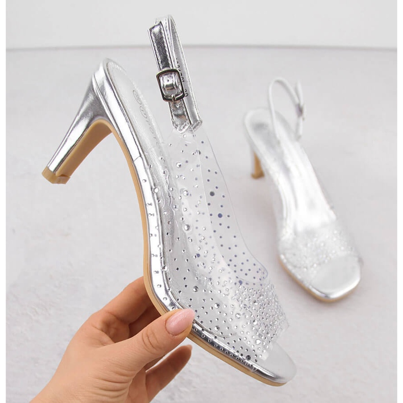 Sandálias femininas transparentes de salto alto com zircões prateados Potocki WS43317 prata 1 Sandálias femininas transparentes de salto alto com zircões prateados Potocki WS43317 prata 1