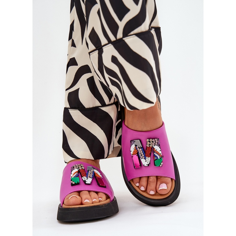 Vinceza Flip de couro feminino com um ornamento de fúcsia rosa 2