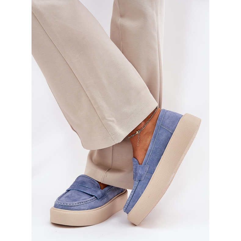 Moccasins femininos camurça na plataforma azul de Vinceza 79535 2