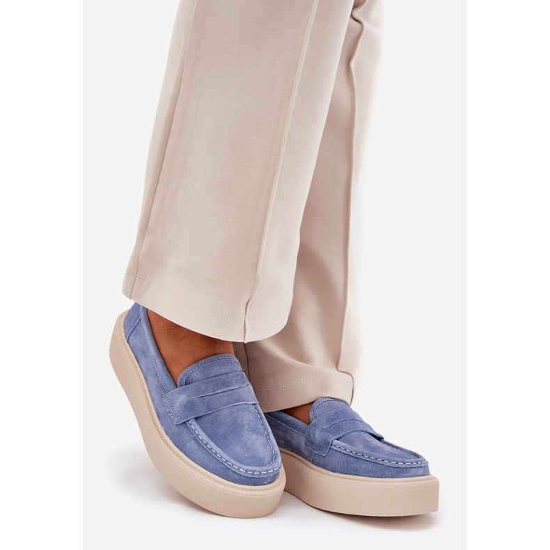 Moccasins femininos camurça na plataforma azul de Vinceza 79535 1