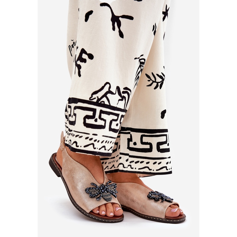 Jezzi Sandálias femininas brilhantes com decoração de ouro rosa plano 1