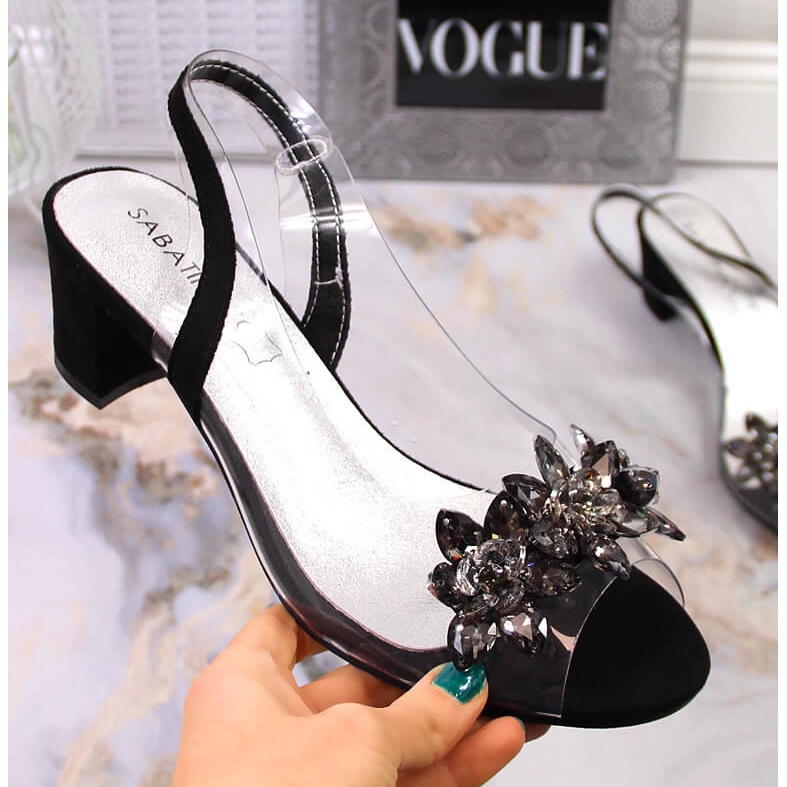 Sandália feminina transparente em bloco com pedras Sabatina preta 2014-600 preto 1