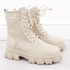 Botins femininos de couro com strass, bege Goe OO2N4108 2